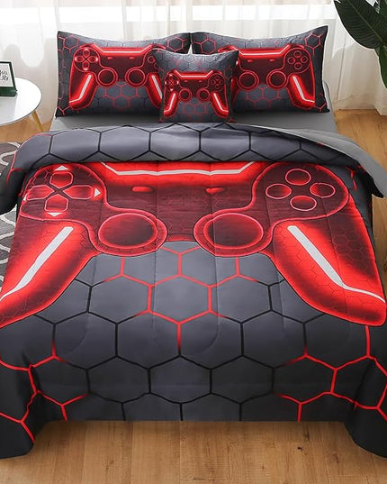 JQinHome Twin Gamer Comforter Set for Boys Girls Kids,6 Piece Bed in A Bag 3D Video Game Bedding -All Season Soft Microfiber Down Alternative Comforter Gamer Bedding Sets with Sheets （Red） - LeafyLoom