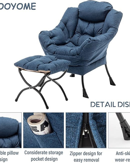 Lazy Chair with Ottoman, Modern Soft Reading Chair Accent Contemporary Lounge Leisure Sofa Chair with Armrests and a Side Pocket for Living Room, Bedroom, Dorm & Office, Dark Blue - LeafyLoom