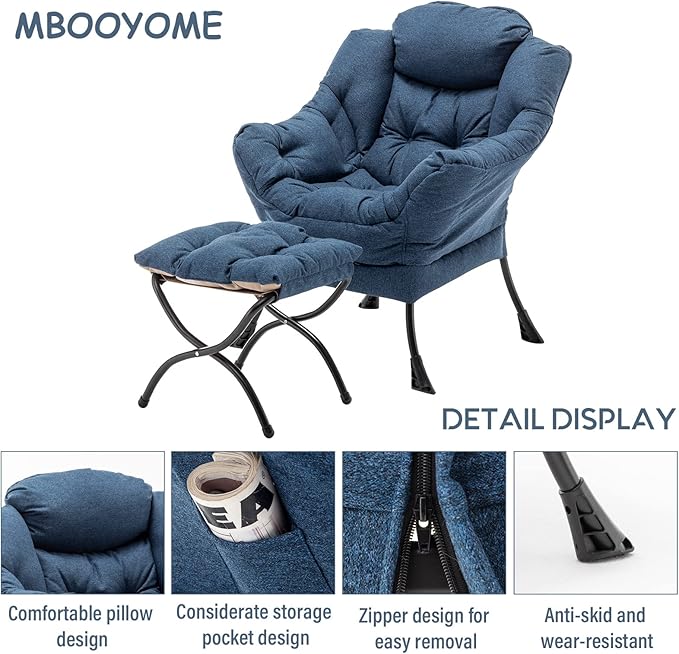 Lazy Chair with Ottoman, Modern Soft Reading Chair Accent Contemporary Lounge Leisure Sofa Chair with Armrests and a Side Pocket for Living Room, Bedroom, Dorm & Office, Dark Blue - LeafyLoom
