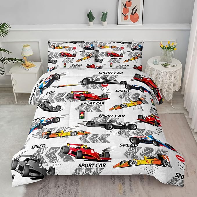Axolotl Racing Car Comforter Set Twin Size,Extreme Sports Boys Bedding Set for Boys Teens Girls Car Racing Gifts,Race Cars Quilt Bed Set with 1 Comforter 2 Pillowcases,Multi Color - LeafyLoom