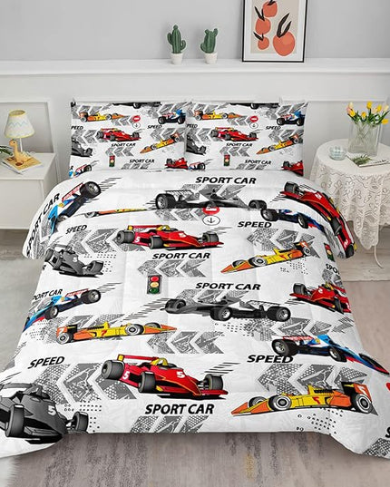 Axolotl Racing Car Comforter Set Full Size,Extreme Sports Boys Bedding Set for Boys Teens Girls Car Racing Gifts,Race Cars Quilt Bed Set with 1 Comforter 2 Pillowcases,Multi Color - LeafyLoom