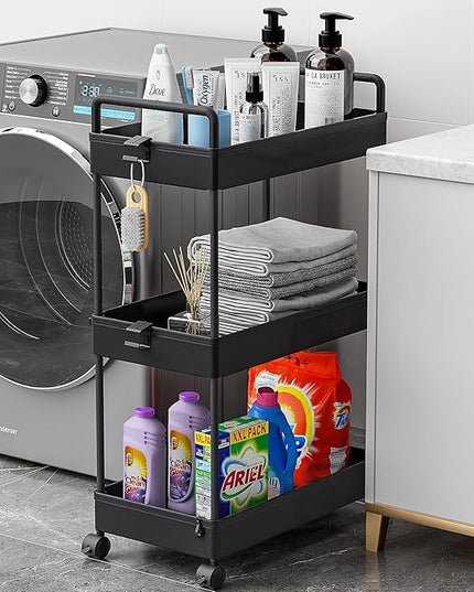 Ronlap 3 Tier Classic Storage Rolling Cart, Slim Storage Cart with Wheels Slide Out Storage Rolling Cart Organizer Plastic Utility Carts for Bathroom Laundry Room Kitchen Office Narrow Place, Black - LeafyLoom
