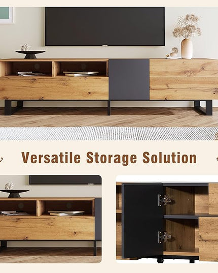 Inch Modern Stand with Double Storage, Drop Down Doors, Cable Management-Media Console Table, Entertainment Center for Living Room, Bedroom, Support 80" TV, Wood - LeafyLoom