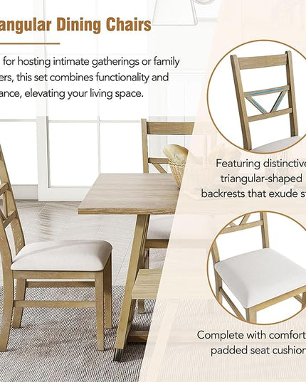 Merax Table Cross Legs, Kitchen Set with 4 Upholstered Dining Chairs and Solid Wood Bench, 6-Piece Farmhouse, Natural - LeafyLoom