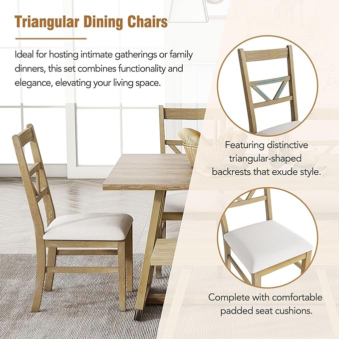 Merax Table Cross Legs, Kitchen Set with 4 Upholstered Dining Chairs and Solid Wood Bench, 6-Piece Farmhouse, Natural - LeafyLoom