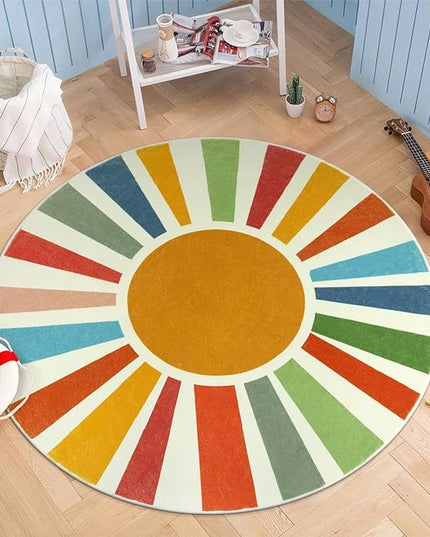 Small Round Rug 4 Ft Washable Round Rug for Kids Room, Colorful Sun Circle Rug for Playroom, Non-Slip Circular Office Carpet Soft Rainbow Rug for Bedroom Reading Corner Dorm - LeafyLoom