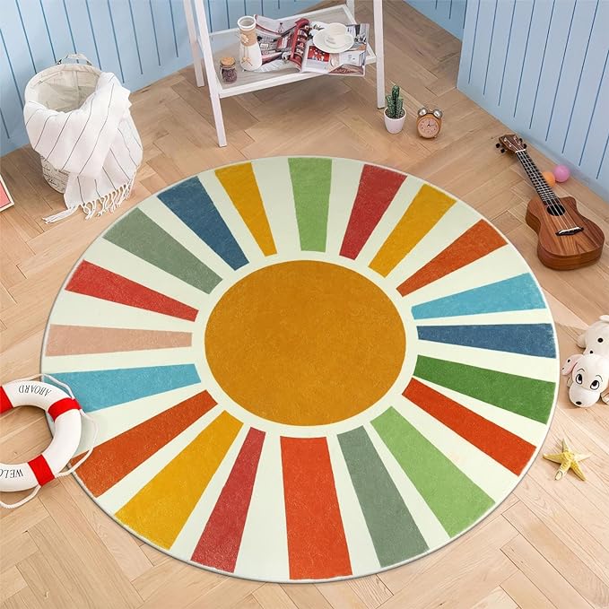 Small Round Rug 4 Ft Washable Round Rug for Kids Room, Colorful Sun Circle Rug for Playroom, Non-Slip Circular Office Carpet Soft Rainbow Rug for Bedroom Reading Corner Dorm - LeafyLoom