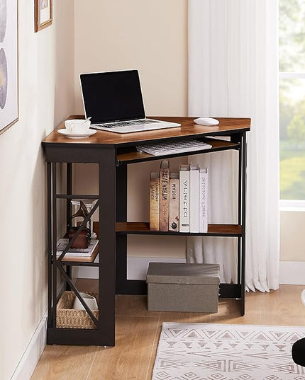 VECELO Corner Computer Desk 41 x 30 inches with Smooth Keyboard & Storage Shelves for Home Office Workstation, Teakwood Brown - LeafyLoom