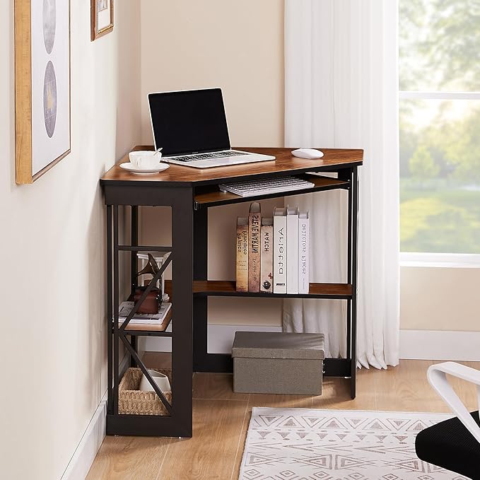 VECELO Corner Computer Desk 41 x 30 inches with Smooth Keyboard & Storage Shelves for Home Office Workstation, Teakwood Brown - LeafyLoom