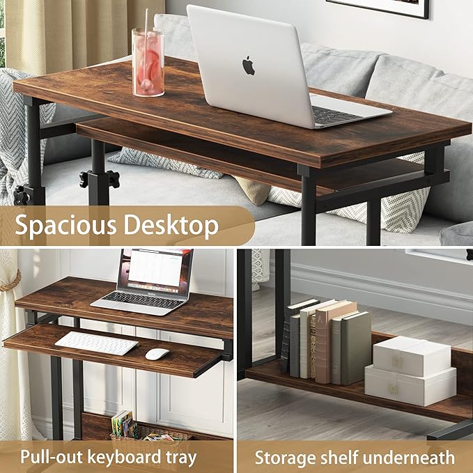 Tribesigns Portable Desk for Sofa and Bed, Height Adjustable Laptop Table Small Standing Desk Rolling Computer Cart with Keyboard Tray on Wheels for Home Office - LeafyLoom