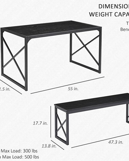 VECELO 55" Kitchen Table Set for 6, Wood Dining Room Dinette 2 Benches with Metal Frame for Breakfast Nook and Small Space, Black - LeafyLoom