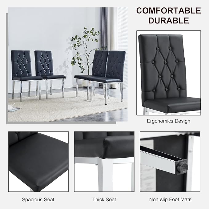 NicBex Dining Chairs Set of 4 Modern PU Dining Room Kitchen Chairs with Embedded Button High Backrest,Silver Metal Legs,Chairs for Dining Room, Kitchen,Living Room, and Restaurants,Black - LeafyLoom
