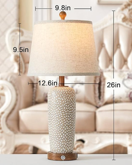 Touch Lamps for Bedrooms Set of 2, 26'' Farmhouse Table Lamps for Living Room Boho Bedside Lamp with Dual USB Charging Ports, 3-Way Dimmable Coastal Nightstand Lamp with White Fabric (Bulb Included) - LeafyLoom