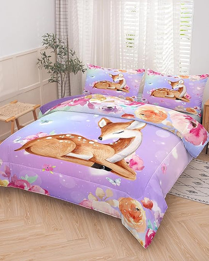 NINENINE Deer Bedding Kawaii Deer Comforter Sets for Girls Kids,Cute Deer Bedding Queen Size Comforter sets for Girls,Watercolor Wildlife Bedding Set with 1 Comforter 2 Pillowcases… - LeafyLoom