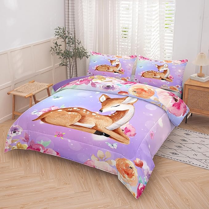 NINENINE Deer Bedding Kawaii Deer Comforter Sets for Girls Kids,Cute Deer Bedding Queen Size Comforter sets for Girls,Watercolor Wildlife Bedding Set with 1 Comforter 2 Pillowcases… - LeafyLoom