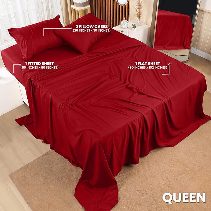 Utopia Bedding Queen Bed Sheets Set - 4 Piece Bedding - Brushed Microfiber - Shrinkage and Fade Resistant - Easy Care (Queen, Red) - LeafyLoom