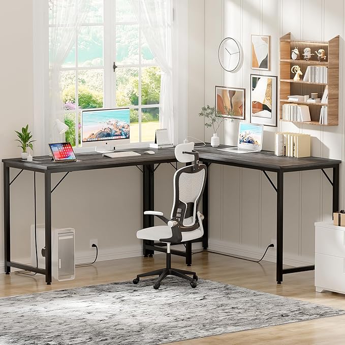 47 Inch Computer Desk with Magic Power Outlets, Modern Office Desk with USB Charging Ports, Sturdy Study Writing Desk, Laptop PC Gaming Table for Bedroom Workstation, Black Oak, 2 Pack - LeafyLoom