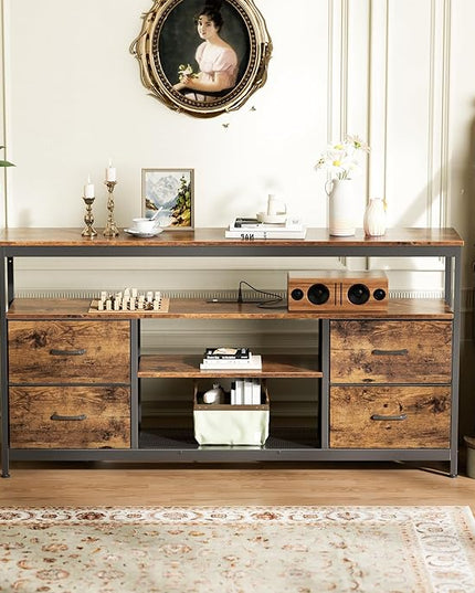 TV Stand Dresser with Power Outlets and LED Lights, 4 Drawers Entertainment Center with Shelves, 54 Inch Media Console for 55 60 Inch TV, 4 AC Outlets, 2 USBs, Rustic Brown - LeafyLoom