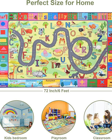 Terrug Kids Rugs for Playroom, Educational Classroom Rug for Kids Room, Washable Nursery Rug Carpet Non Slip Playroom Rug Play Mat for Learning ABC Rug, Numbers, Animal, Colors, Season, 4X6 Feet - LeafyLoom