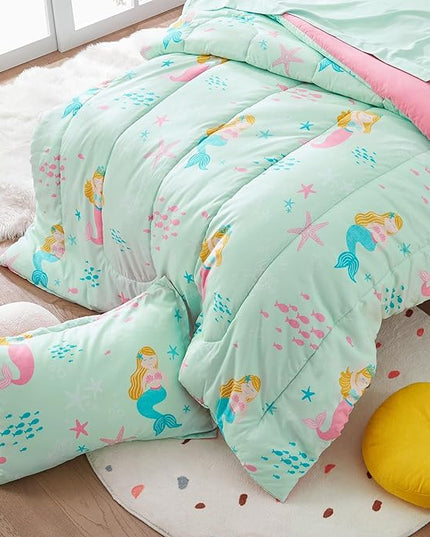 SLEEP ZONE Kids Bedding Comforter Set Full/Queen Size - Super Cute & Soft Kids Bedding 7 Pieces Set with Comforter, Sheet, Pillowcase & Sham (Mermaid Princess) - LeafyLoom