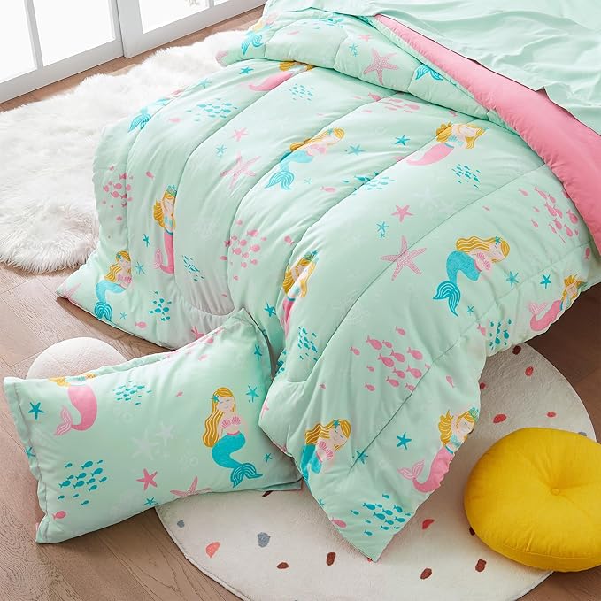 SLEEP ZONE 3 Pieces Comforter Set, Breathable & Super Soft All Season Kids Comforter Set, Cartoon Design for Children, Girls, Easy Care, Washable (Mermaid Princess, Full/Queen) - LeafyLoom