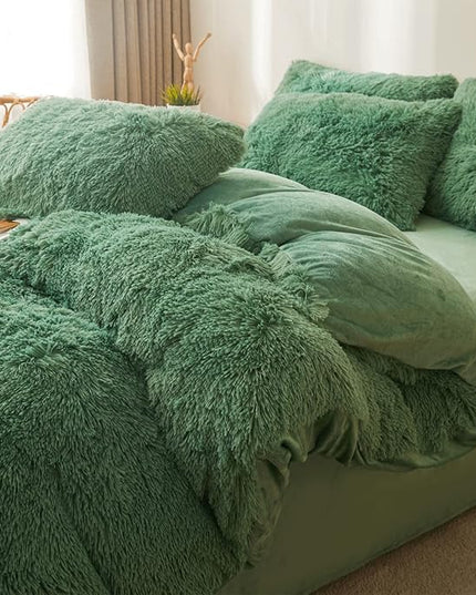 FOPPA Green Plush Comforter Cover Set Queen - Ultra Soft Faux Fur Green Bedding Sets 3 Pieces (1 Fluffy Duvet Cover + 2 Shaggy Pillow case) Fluffy Bed Set (Green, Queen) - LeafyLoom
