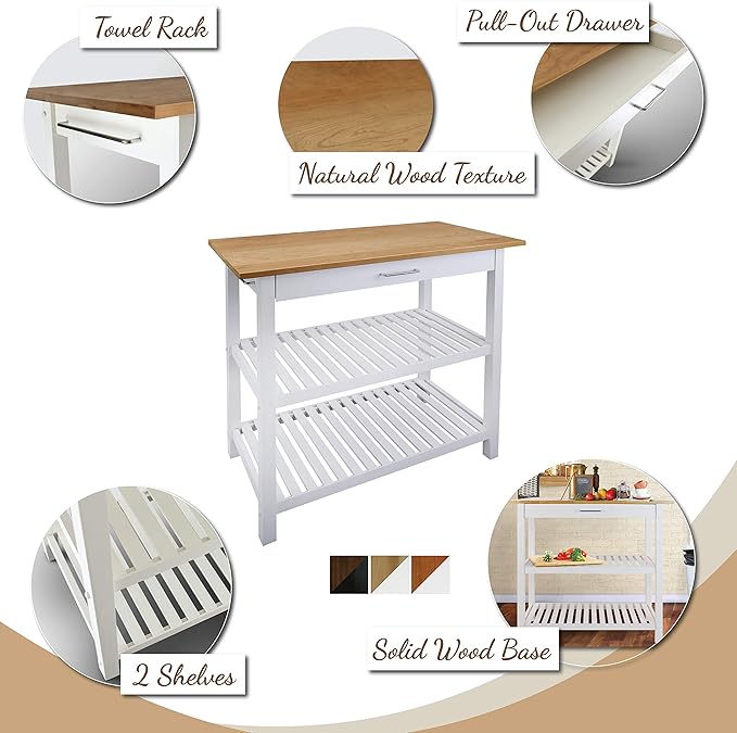 Casual HOME Kitchen Island with Solid American Top, White & Cherry Natural - LeafyLoom