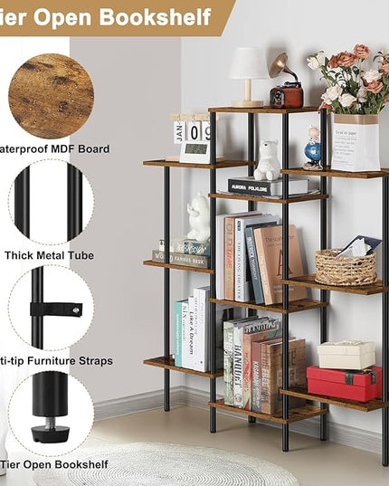 ETELI 4 Tier Small Bookshelf Triple Wide Bookcase with 10 Storage Shelves Open Shelf Book Shelf Book Case for Home & Office, Living Room, Industrial Style, 7.8" D x 37" W x 41.6" H - LeafyLoom