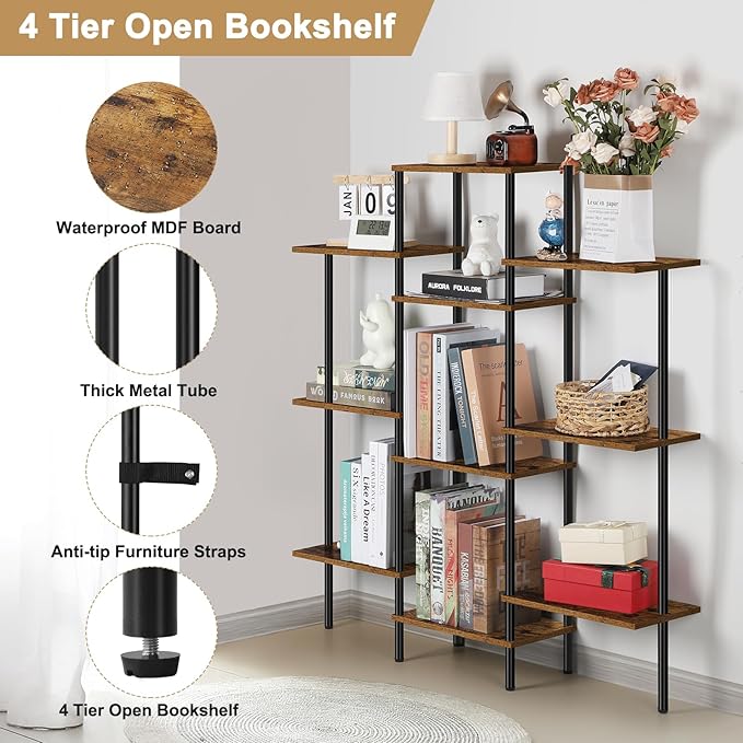 ETELI 4 Tier Small Bookshelf Triple Wide Bookcase with 10 Storage Shelves Open Shelf Book Shelf Book Case for Home & Office, Living Room, Industrial Style, 7.8" D x 37" W x 41.6" H - LeafyLoom
