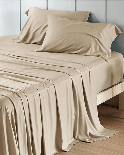 Bedsure King Size Sheet Set, Cooling Sheets King, Rayon Derived from Bamboo, Deep Pocket Up to 16", Breathable & Soft Bed Sheets, Hotel Luxury Silky Bedding Sheets & Pillowcases, Beige - LeafyLoom