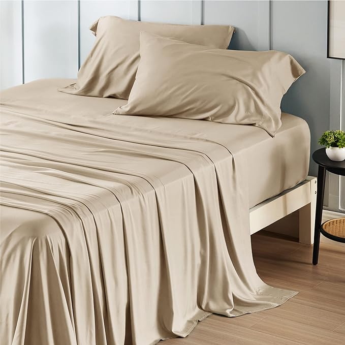 Bedsure King Size Sheet Set, Cooling Sheets King, Rayon Derived from Bamboo, Deep Pocket Up to 16", Breathable & Soft Bed Sheets, Hotel Luxury Silky Bedding Sheets & Pillowcases, Beige - LeafyLoom