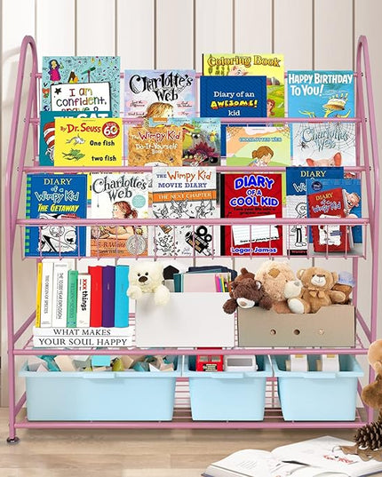 aboxoo Metal Kids Bookshelf Pink Bookcase Freestanding for Children Girls Room 32 inches Large Toddler Pink Stable Bookcase Bookstore Library Book Unit Storage - LeafyLoom