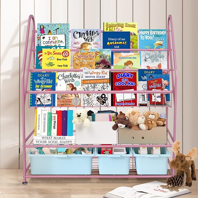 aboxoo Metal Kids Bookshelf Pink Bookcase Freestanding for Children Girls Room 32 inches Large Toddler Pink Stable Bookcase Bookstore Library Book Unit Storage - LeafyLoom
