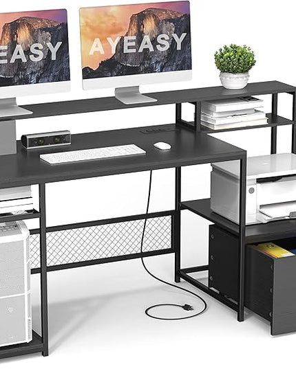 Home Office Desks with Drawers, 66‘’ Computer Desk with Storage, Office Desk with Monitor Stand, Work Desk with Outlets and USB, Gaming Table Desk with File Cabinet for Home Office Table, Black - LeafyLoom
