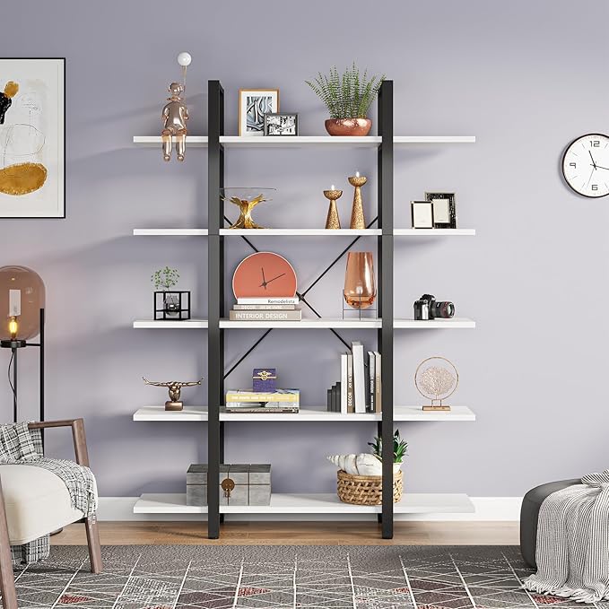 Tribesigns 5-Tier Bookshelf, Vintage Industrial Style Bookcase 72 H x 12 W x 47L Inches, White - LeafyLoom