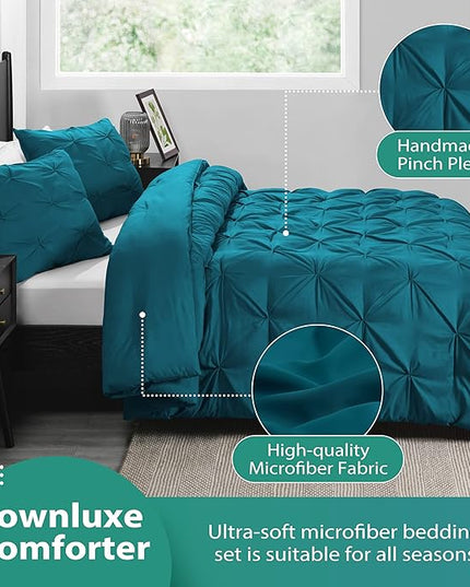 downluxe Pintuck Queen Comforter Set with 2 Pillow Shams - 3-Piece - Crystal Teal Queen Bed Comforter Set for All Seasons, Pinch Pleat Microfiber Down Alternative Bedding Comforter Sets - LeafyLoom