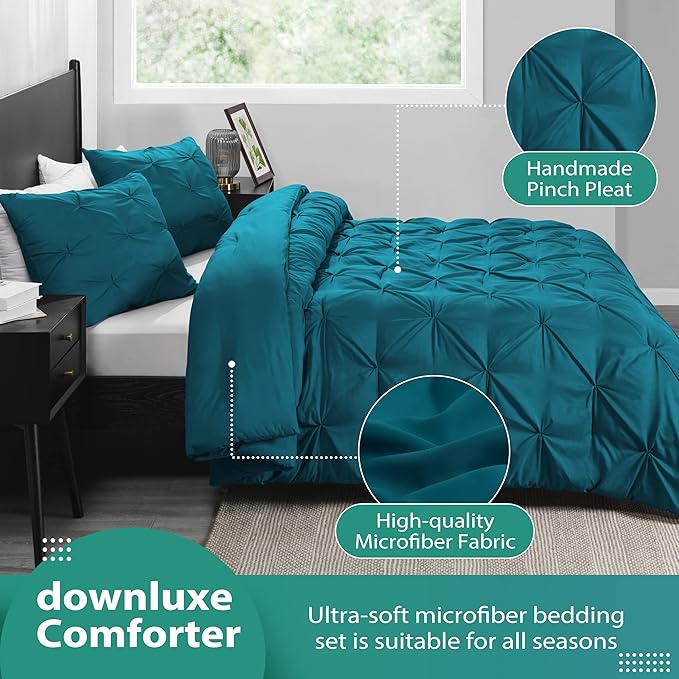 downluxe Pintuck Queen Comforter Set with 2 Pillow Shams - 3-Piece - Crystal Teal Queen Bed Comforter Set for All Seasons, Pinch Pleat Microfiber Down Alternative Bedding Comforter Sets - LeafyLoom