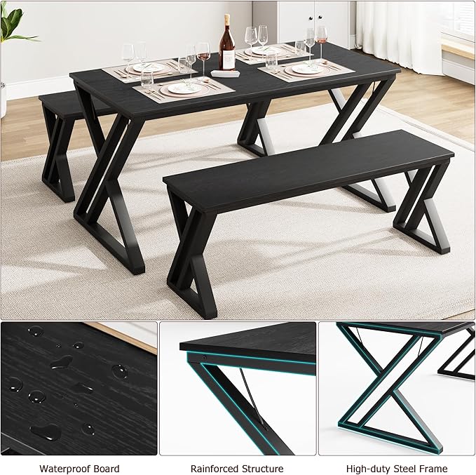 IDEALHOUSE Kitchen Table with Benches, Dining Table Benches Set for 4-6, Rectangular Kitchen Table Set with Sturdy Metal Frame, Saving Space for Kitchen, Dining Room, Apartment, 55", Black - LeafyLoom
