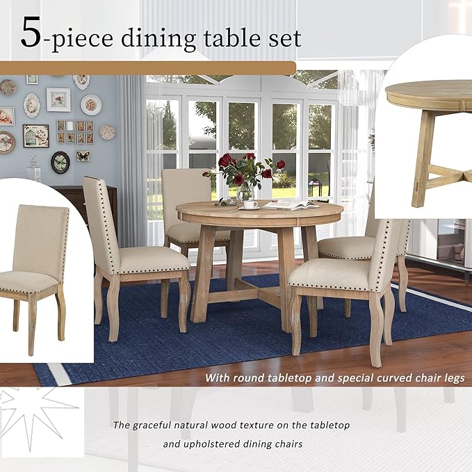 NicBex Round Dining Table Dining Room Set 5-Piece Farmhouse Dining Table Set Wood Round Extendable Dining Table and 4 Upholstered Dining Chairs for Set, Natural Wood Wash - LeafyLoom