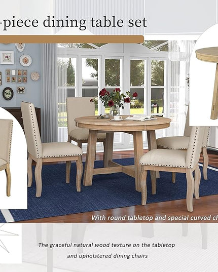 5 Piece Farmhouse Wooden Round Extendable Dining Table Set with 4 Upholstered Chairs for Kitchen Room, Natural Wood Wash 1 - LeafyLoom