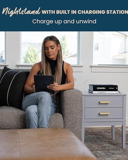 2 Drawer Side Table with Charging Station - Mid Century Modern with Polished Gold Handles, 2 USB Ports & 2 Outlets - Multifunctional Smart Bedside Table Nightstand for Your Home - 24" Tall (Gray) - LeafyLoom