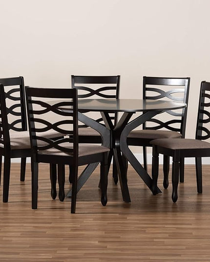 Baxton Studio Mila Modern and Contemporary Sand Fabric Upholstered Dark Brown Finished Wood 7-Piece Dining Set - LeafyLoom