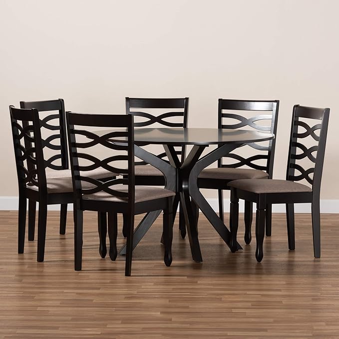 Baxton Studio Mila Modern and Contemporary Sand Fabric Upholstered Dark Brown Finished Wood 7-Piece Dining Set - LeafyLoom