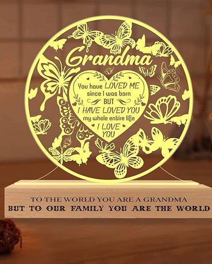 Grandma Gifts from Grandchildren, to My Grandma Night Light, Mothers Day Birthday Christmas Butterfly Gifts for Grandmother, Lamp with Wooden Base for Women, Gifts Bedroom Décor - LeafyLoom