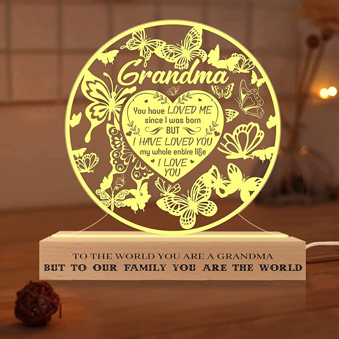 Grandma Gifts from Grandchildren, to My Grandma Night Light, Mothers Day Birthday Christmas Butterfly Gifts for Grandmother, Lamp with Wooden Base for Women, Gifts Bedroom Décor - LeafyLoom