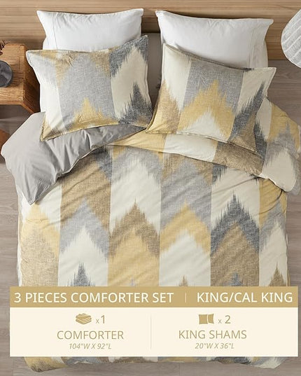 INK+IVY King Size Comforter Set, Cozy Cotton Comforter, All Season, Lightweight Comforter King Bed Set with 2 Matching Shams, Modern Cabin Lodge Ikat Chevron Design, Yellow King/Cal King 3 Piece - LeafyLoom