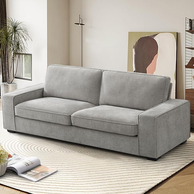 EASELAND Sofa Couch, 88" Chenille Loveseat for Living Room, 3 Seater Lounge Sofa for Bedroom with Removable Back and Seat Cushions, Modern Deep Seat Comfy Couch with Solid Wood Legs and Armrest (Grey) - LeafyLoom