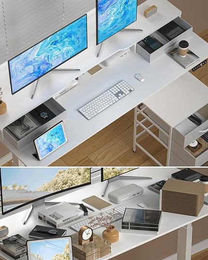 55 Inch Electric Standing Desk with Cabinet & Drawers, Height Adjustable Sit Stand Desk with Monitor Shelf, Smart Home Office Standing Computer Desk, White - LeafyLoom