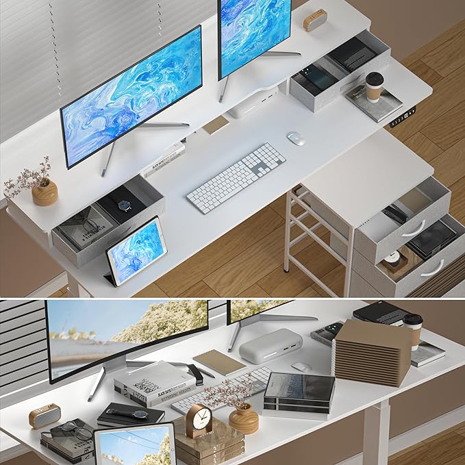55 Inch Electric Standing Desk with Cabinet & Drawers, Height Adjustable Sit Stand Desk with Monitor Shelf, Smart Home Office Standing Computer Desk, White - LeafyLoom
