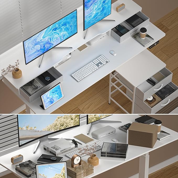 63 Inch Electric Standing Desk with Cabinet & Drawers, Height Adjustable Sit Stand Desk with Monitor Shelf, Smart Home Office Standing Computer Desk, White - LeafyLoom